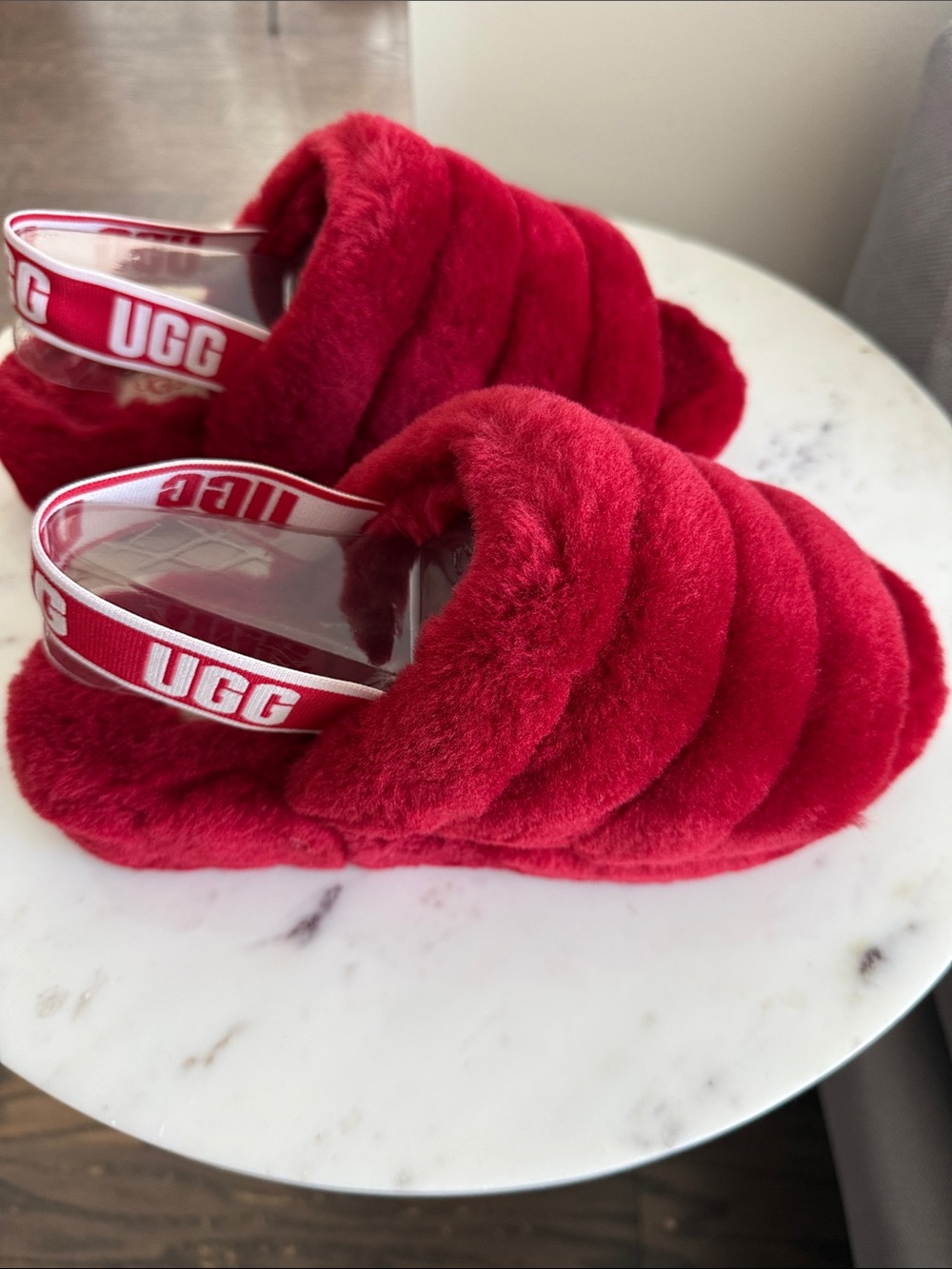 UGG Red Plush Shearling Slide with Branded Heel Strap Size 9 - Picture 7 of 7